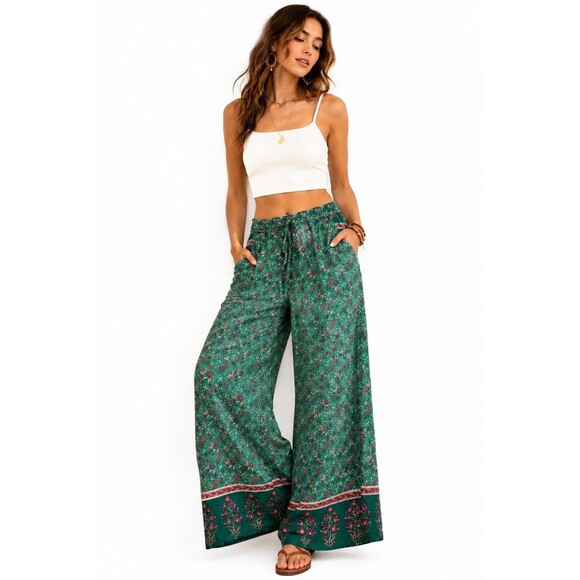 Unbranded Pants - Boho Green Floral Paisley Wide Leg Palazzo Pants 100% Rayon Boho